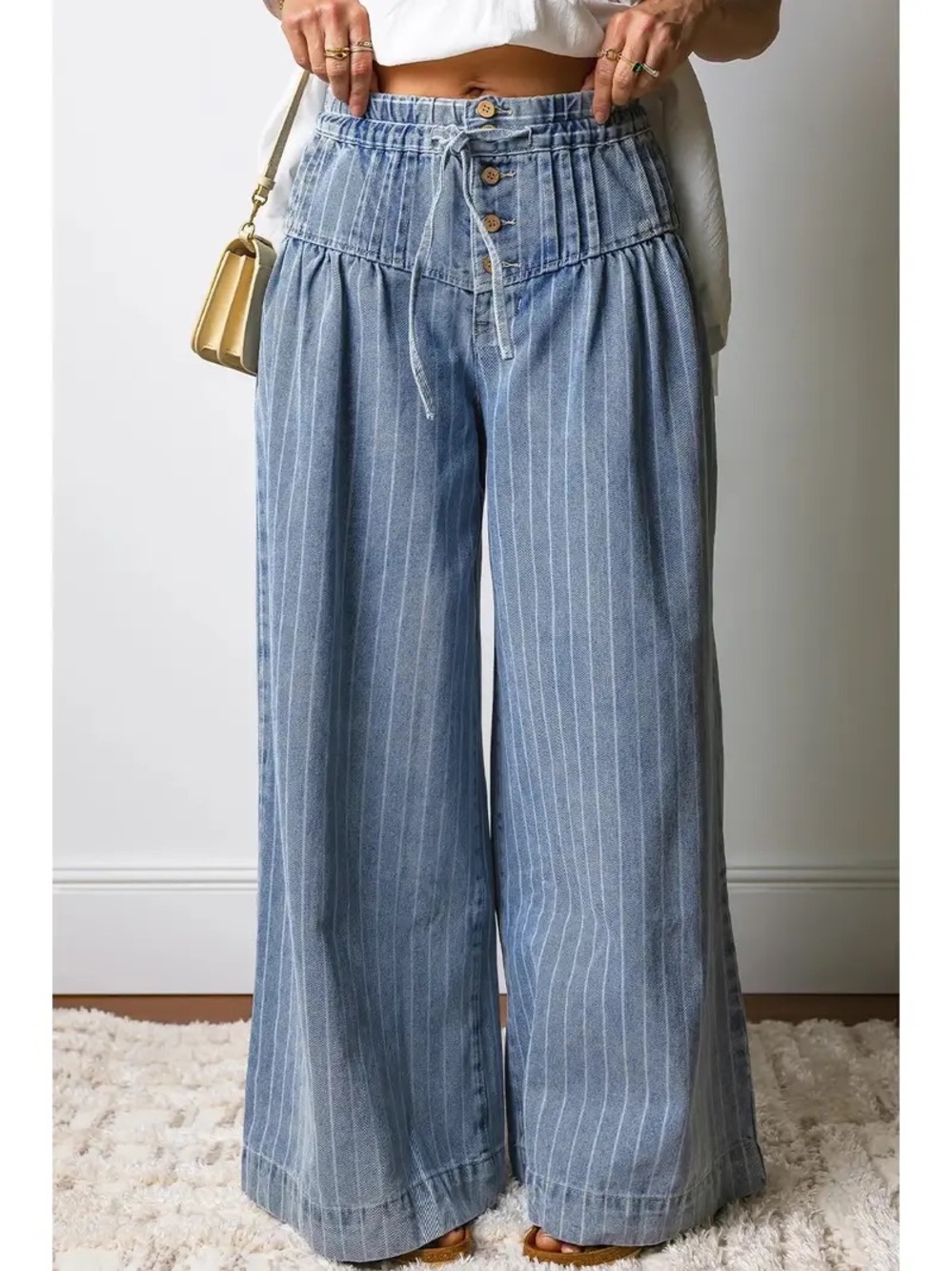 Wide Leg Pinstripe Denim Pants in Light Blue